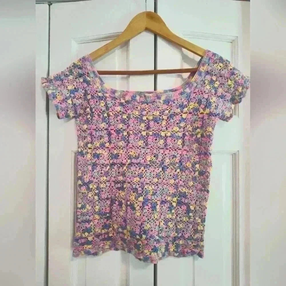 Homemade Multi colored crochet top | Short Sleeve | Size Small